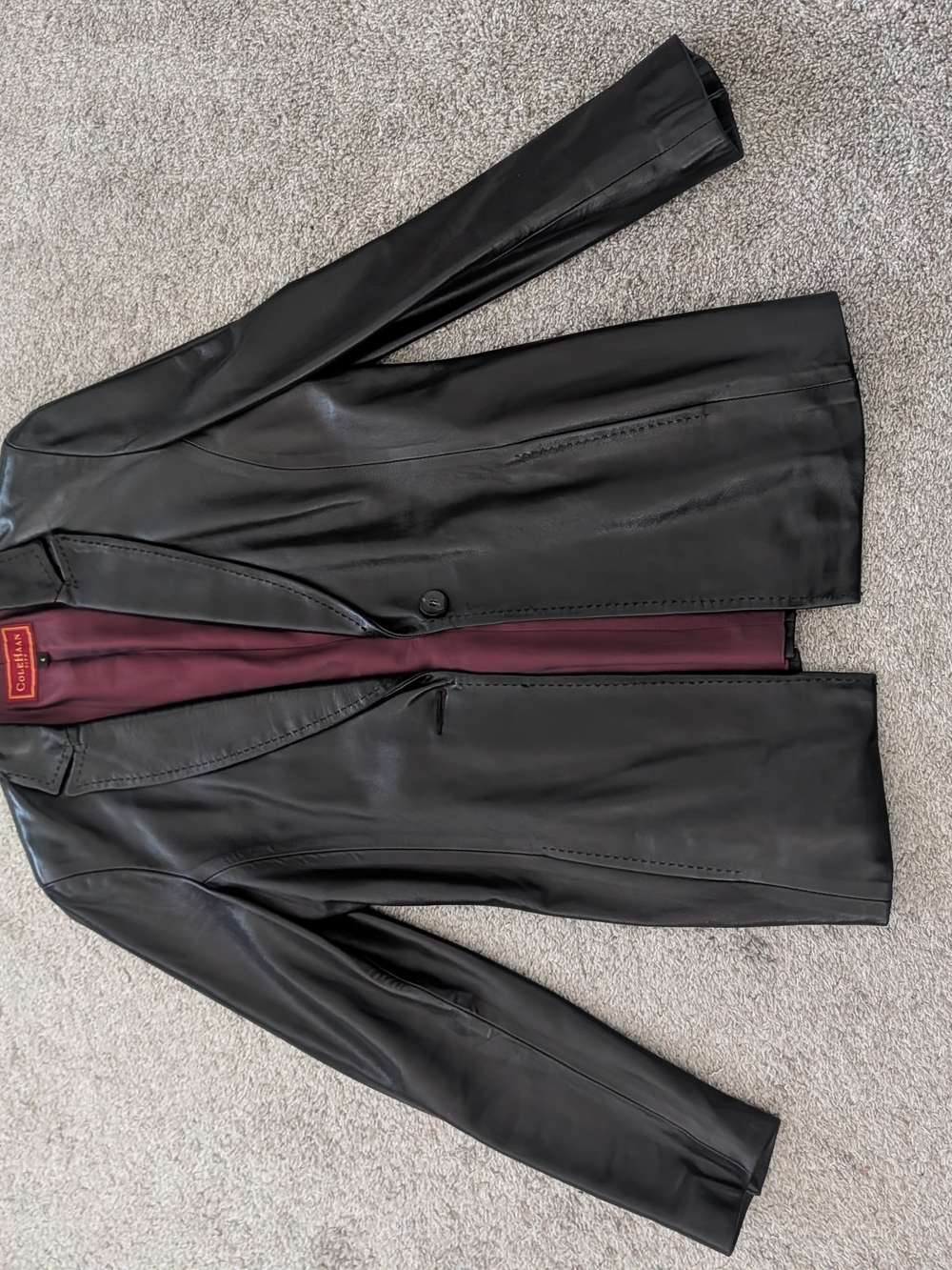 Cole Haan Black Leather Blazer with Burgundy Lining 4